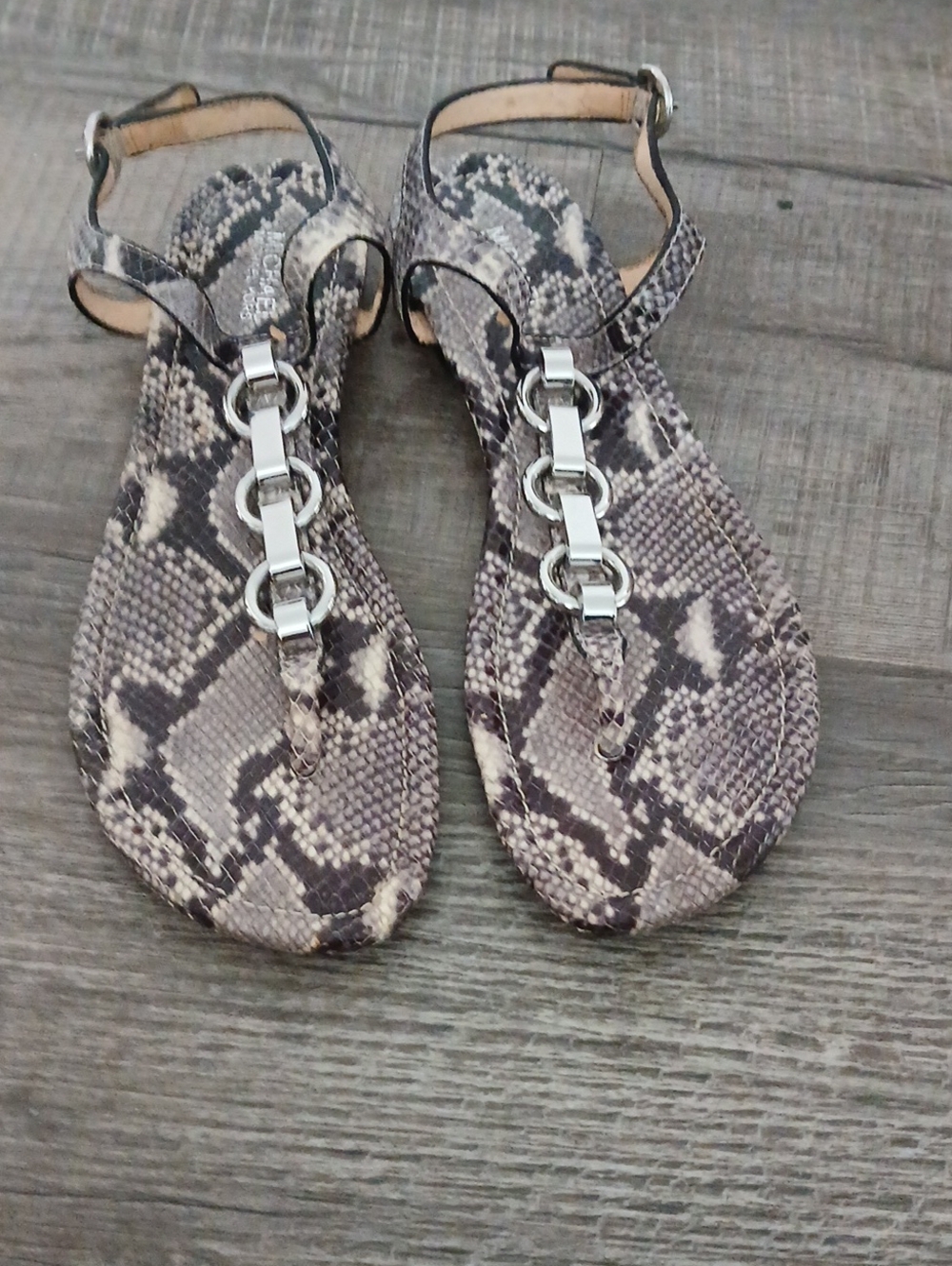 Michael Kors Snake-Print T-Strap Sandals with Silver Chain Hardware